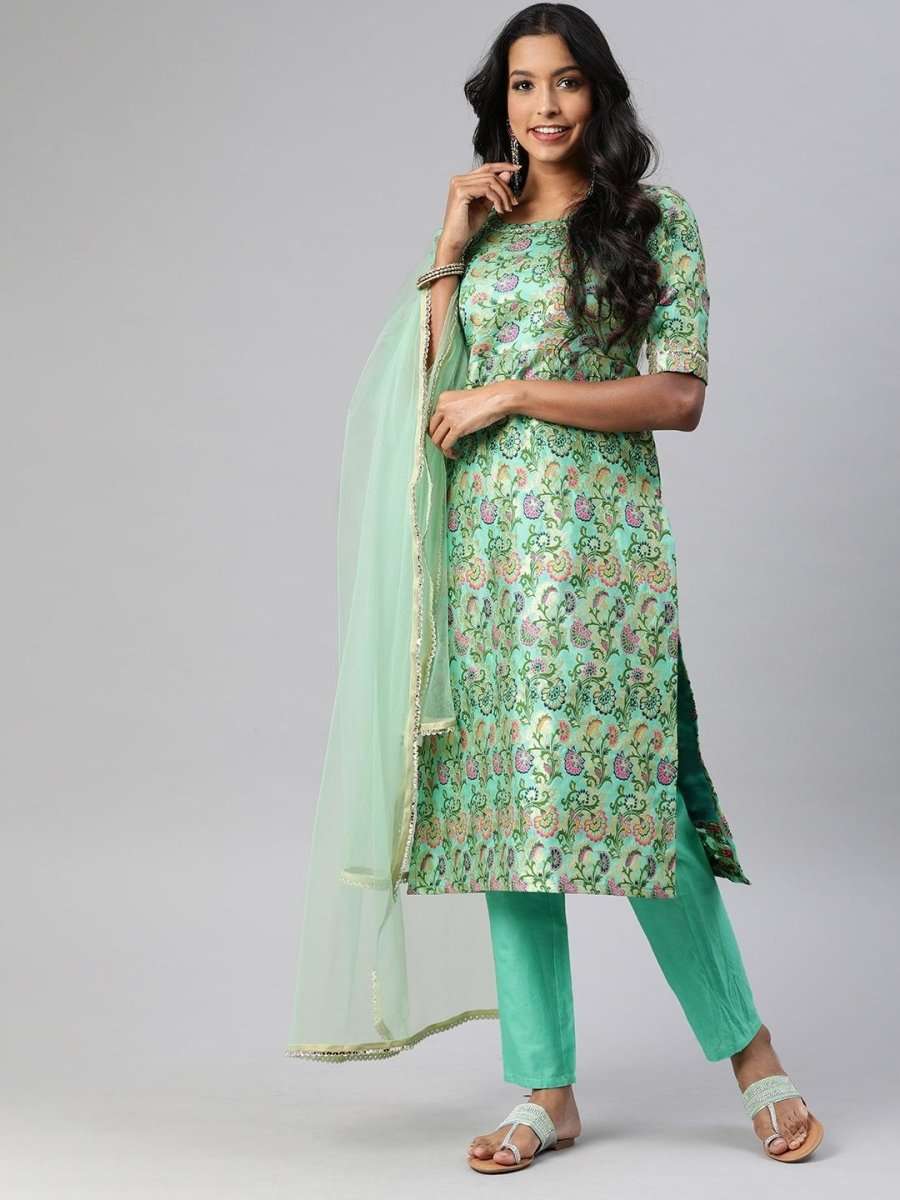 Women Turquoise Blue & Pink Woven Straight Cut Suit - Inddus.com