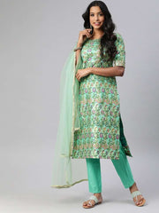 Women Turquoise Blue & Pink Woven Straight Cut Suit - Inddus.com