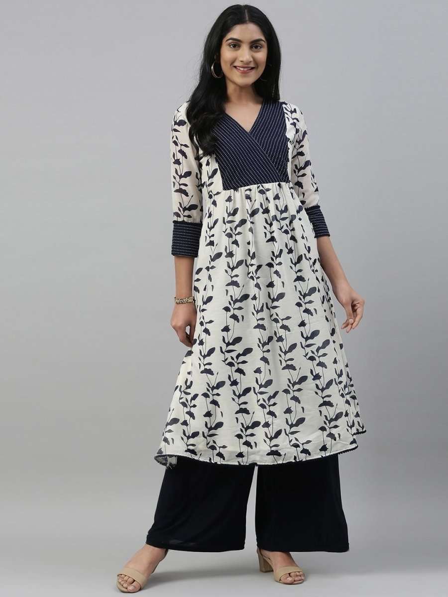 Women White & Blue Printed A-Line Kurta - Inddus.com