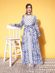 Women White Ethnic Motifs Roman Column Dress - Inddus.com