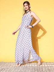 Women White Ethnic Motifs Roman Column Dress - Inddus.com