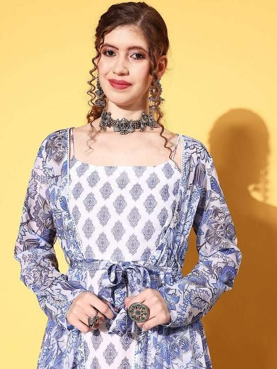 Women White Ethnic Motifs Roman Column Dress - Inddus.com