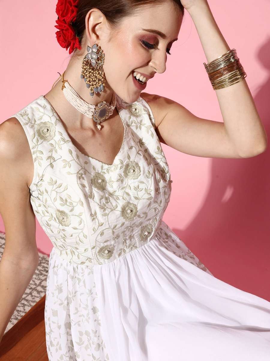 Women White Floral Ethereal Embroidery Dress - Inddus.com