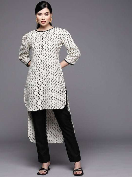 Women White Foil Printed Kurta with Trousers - Inddus.com
