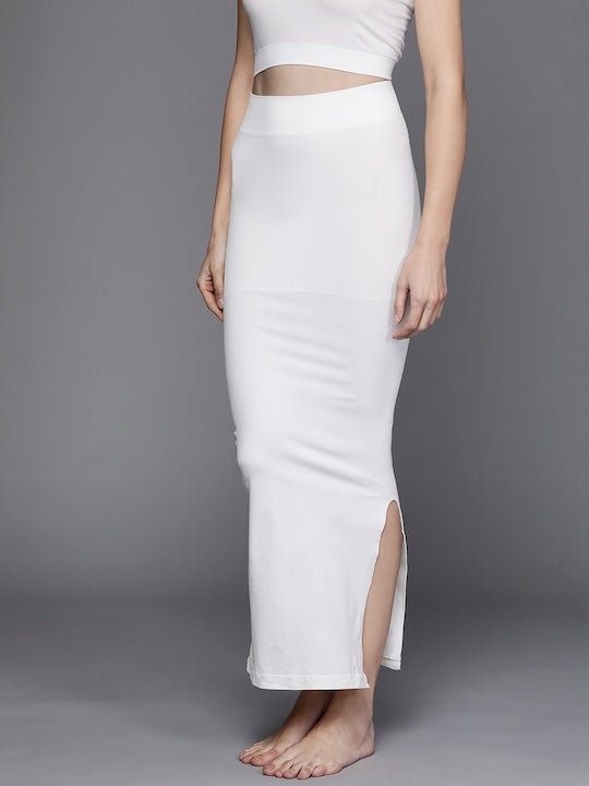 Women White Solid High Compressed Seamless Instant Slimming Saree Shapewear - Inddus.com