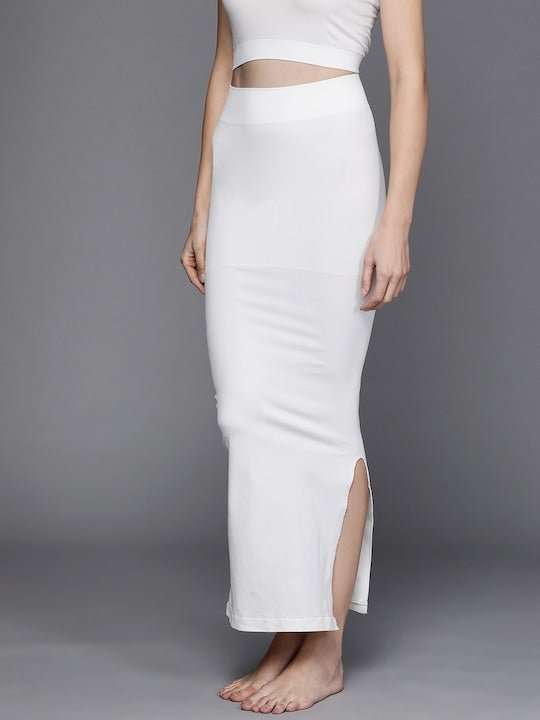 Women White Solid High Compressed Seamless Instant Slimming Saree Shapewear - Inddus.com