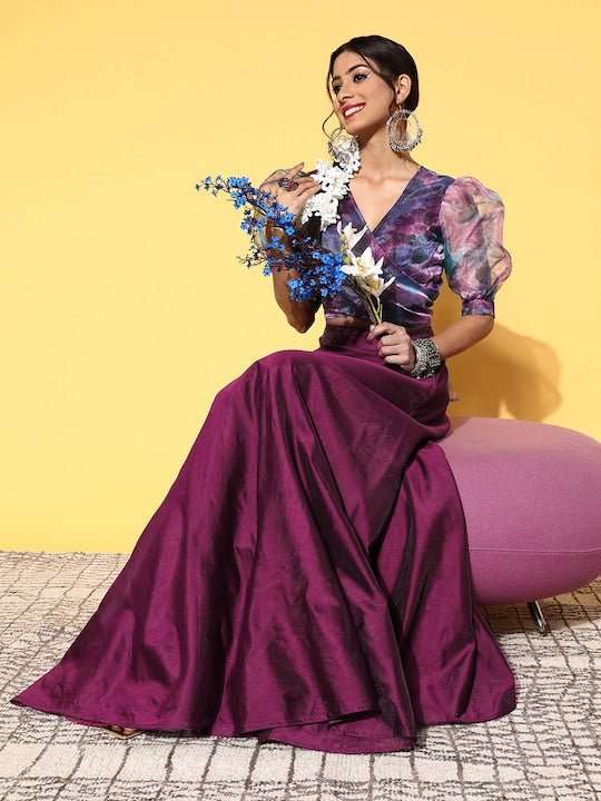 Women Wine Floral Primted Tie up Top Solid Skirt - Inddus.com