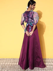 Women Wine Floral Primted Tie up Top Solid Skirt - Inddus.com