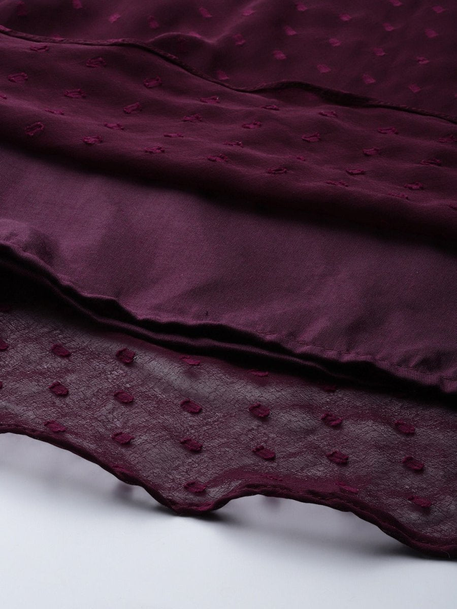 Women Wine Self Design Anarkali Kurta with Printed Organza Dupatta - Inddus.com