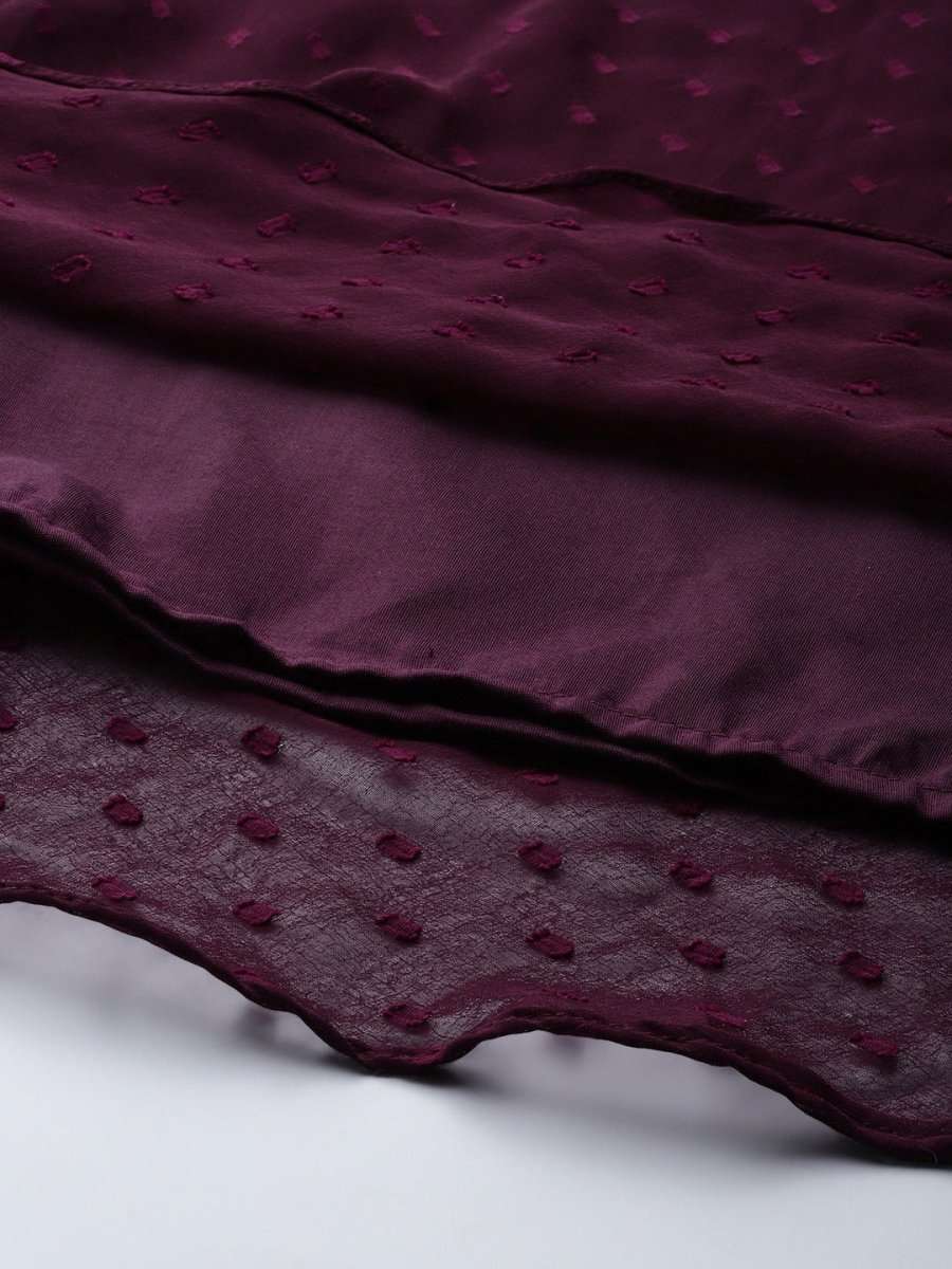 Women Wine Self Design Anarkali Kurta with Printed Organza Dupatta - Inddus.com