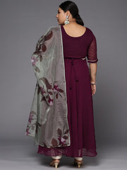 Women Wine Self Design Anarkali Kurta with Printed Organza Dupatta - Inddus.com
