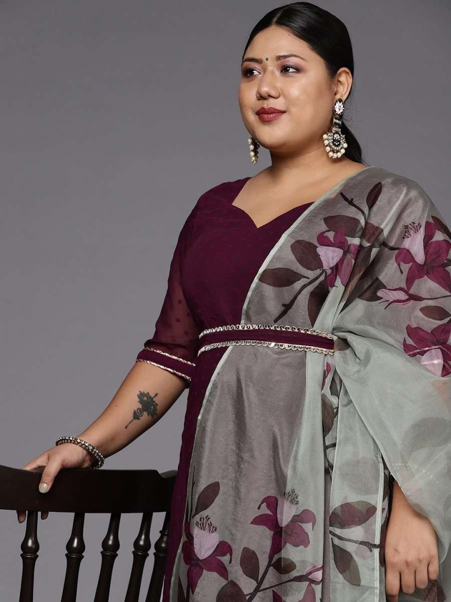 Women Wine Self Design Anarkali Kurta with Printed Organza Dupatta - Inddus.com