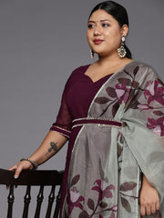 Women Wine Self Design Anarkali Kurta with Printed Organza Dupatta - Inddus.com