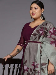 Women Wine Self Design Anarkali Kurta with Printed Organza Dupatta - Inddus.com