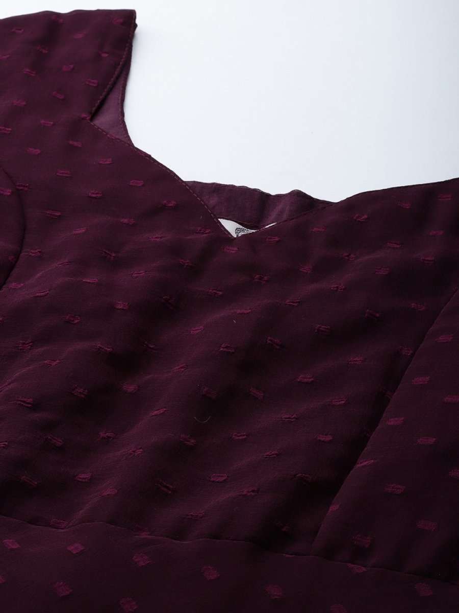 Women Wine Self Design Anarkali Kurta with Printed Organza Dupatta - Inddus.com