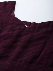 Women Wine Self Design Anarkali Kurta with Printed Organza Dupatta - Inddus.com