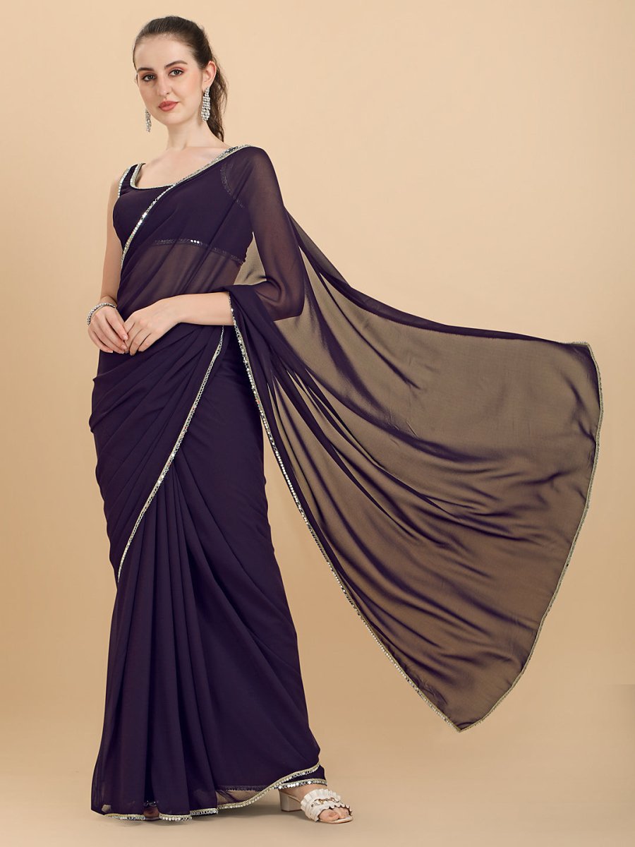 Women Wine Solid Georgette Saree with Blouse Piece - Inddus.com