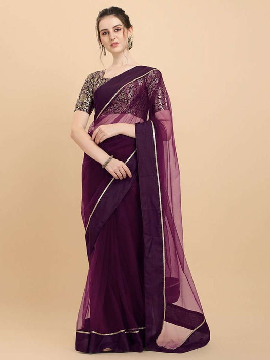 Women Wine Woven Design Net Saree with Brocade Blouse Piece - Inddus.com