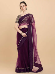 Women Wine Woven Design Net Saree with Brocade Blouse Piece - Inddus.com