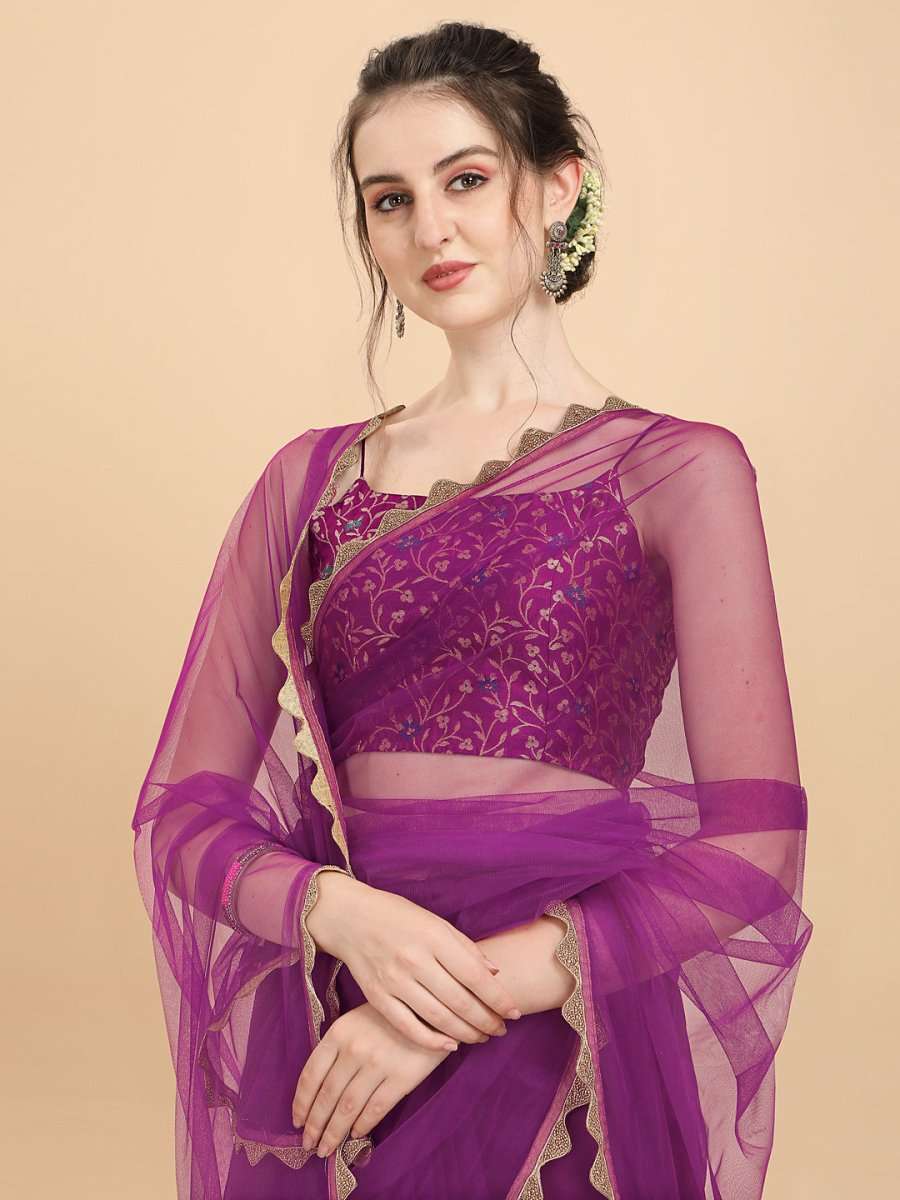 Women Wine Woven Design Net Saree with Brocade Blouse Piece - Inddus.com