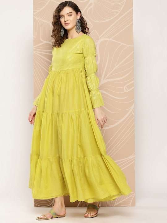 Women Woven Design Sequinned Tiered Gown - Inddus.com