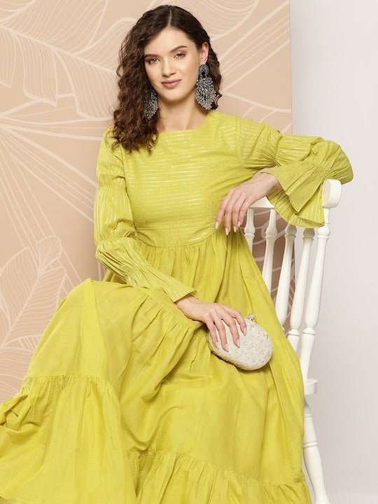 Women Woven Design Sequinned Tiered Gown - Inddus.com