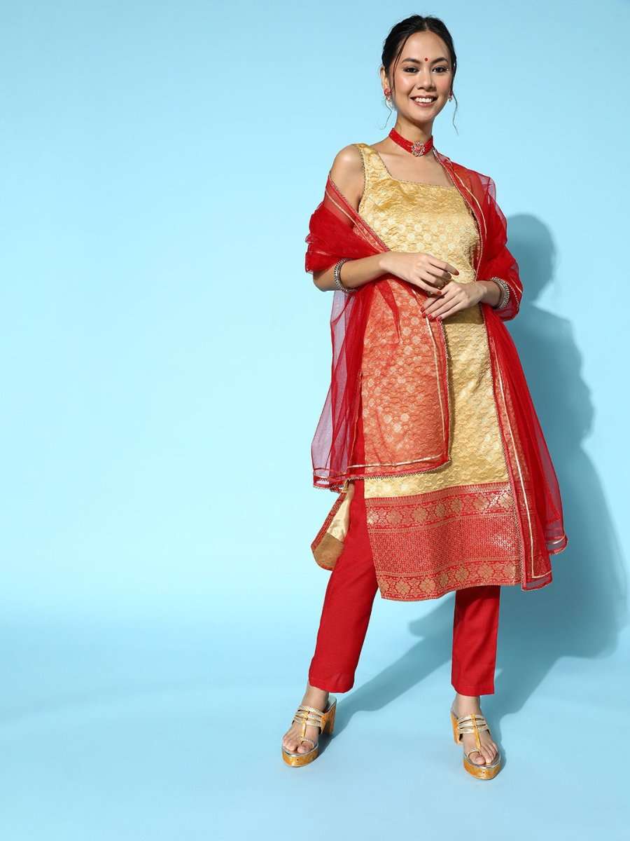 Women Woven Design Silk Blend Ethereal Embroidery Kurta Set - Inddus.com