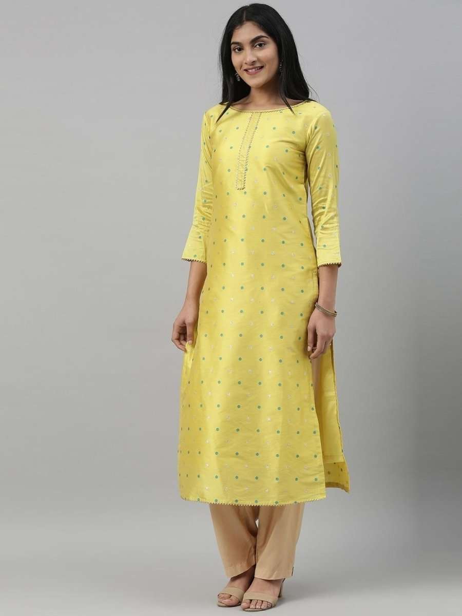 Women Yellow & Blue Woven Design A-Line Kurta - Inddus.com