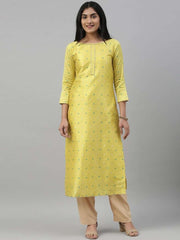 Women Yellow & Blue Woven Design A-Line Kurta - Inddus.com