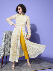 Women Yellow Embroidered High Slit Thread Work Kurta with Trousers - Inddus.com