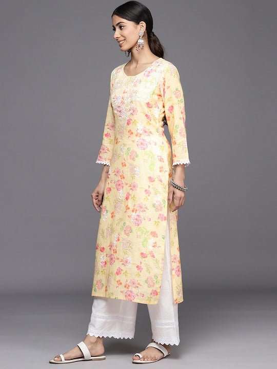 Women Yellow Floral Printed Regular Chikankari Kurta with Palazzos - Inddus.com