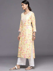 Women Yellow Floral Printed Regular Chikankari Kurta with Palazzos - Inddus.com
