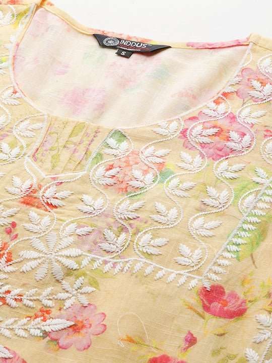 Women Yellow Floral Printed Regular Chikankari Kurta with Palazzos - Inddus.com