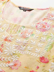 Women Yellow Floral Printed Regular Chikankari Kurta with Palazzos - Inddus.com