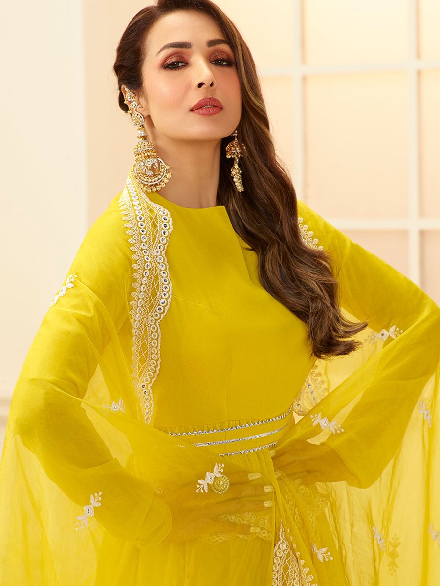 Women Yellow Floral Thread Work Grandeur & Majestic Artwork Georgette Kurta - Inddus.com