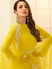 Women Yellow Floral Thread Work Grandeur & Majestic Artwork Georgette Kurta - Inddus.com