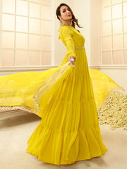Women Yellow Floral Thread Work Grandeur & Majestic Artwork Georgette Kurta - Inddus.com