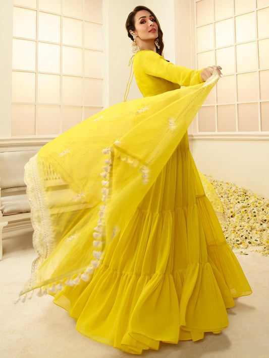 Women Yellow Floral Thread Work Grandeur & Majestic Artwork Georgette Kurta - Inddus.com