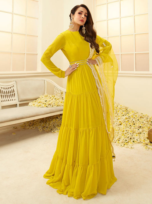 Women Yellow Floral Thread Work Grandeur & Majestic Artwork Georgette Kurta - Inddus.com