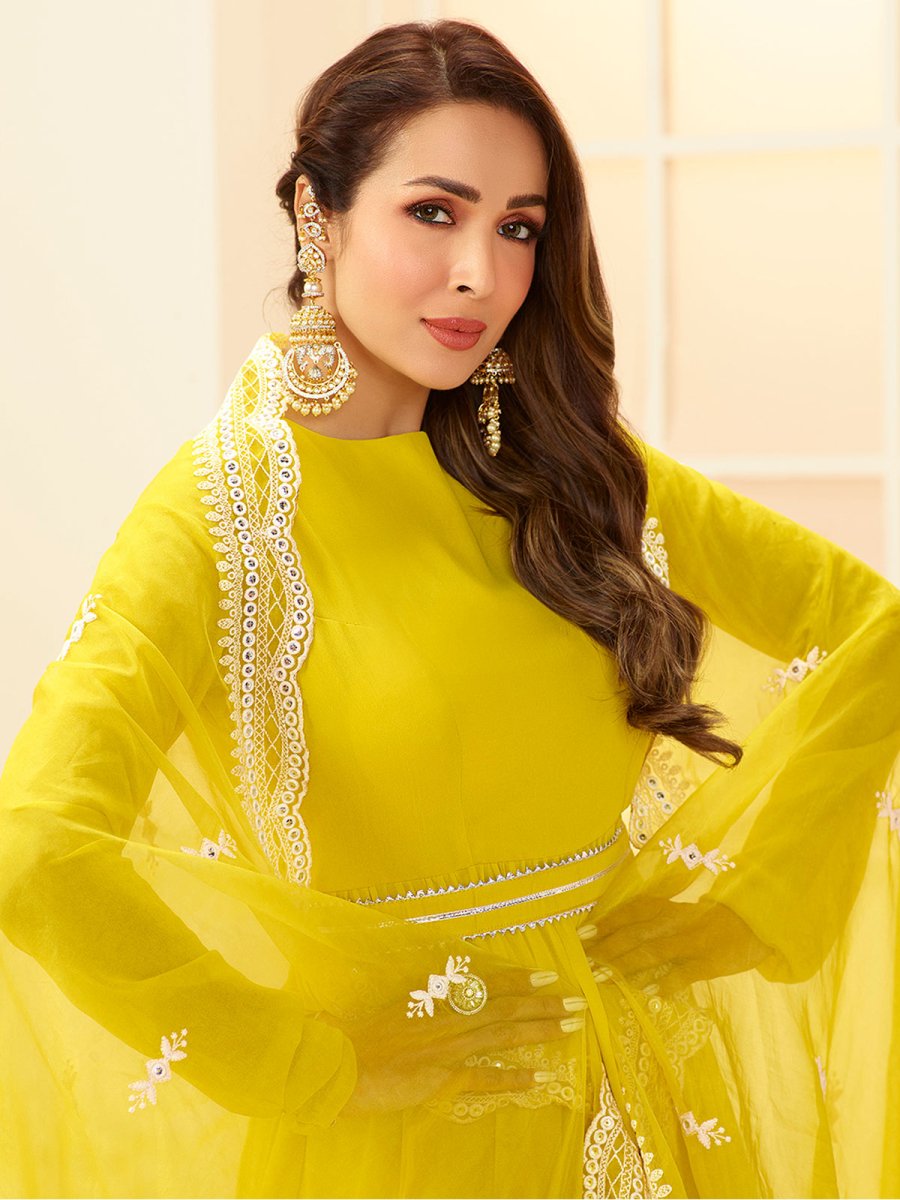 Women Yellow Floral Thread Work Grandeur & Majestic Artwork Georgette Kurta - Inddus.com