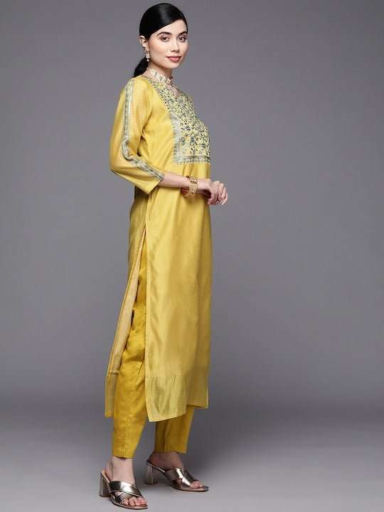 Women Yellow Floral Yoke Design Thread Work Chanderi Cotton Kurta with Trousers & With Dupatta - Inddus.com