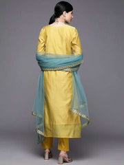 Women Yellow Floral Yoke Design Thread Work Chanderi Cotton Kurta with Trousers & With Dupatta - Inddus.com