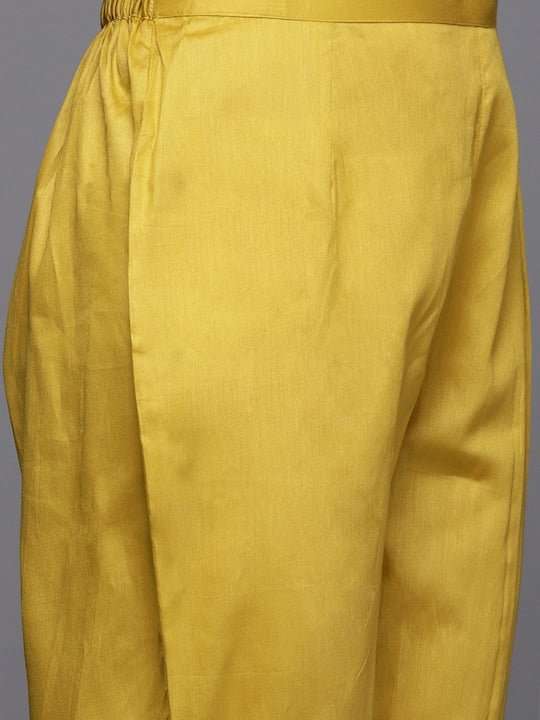 Women Yellow Floral Yoke Design Thread Work Chanderi Cotton Kurta with Trousers & With Dupatta - Inddus.com