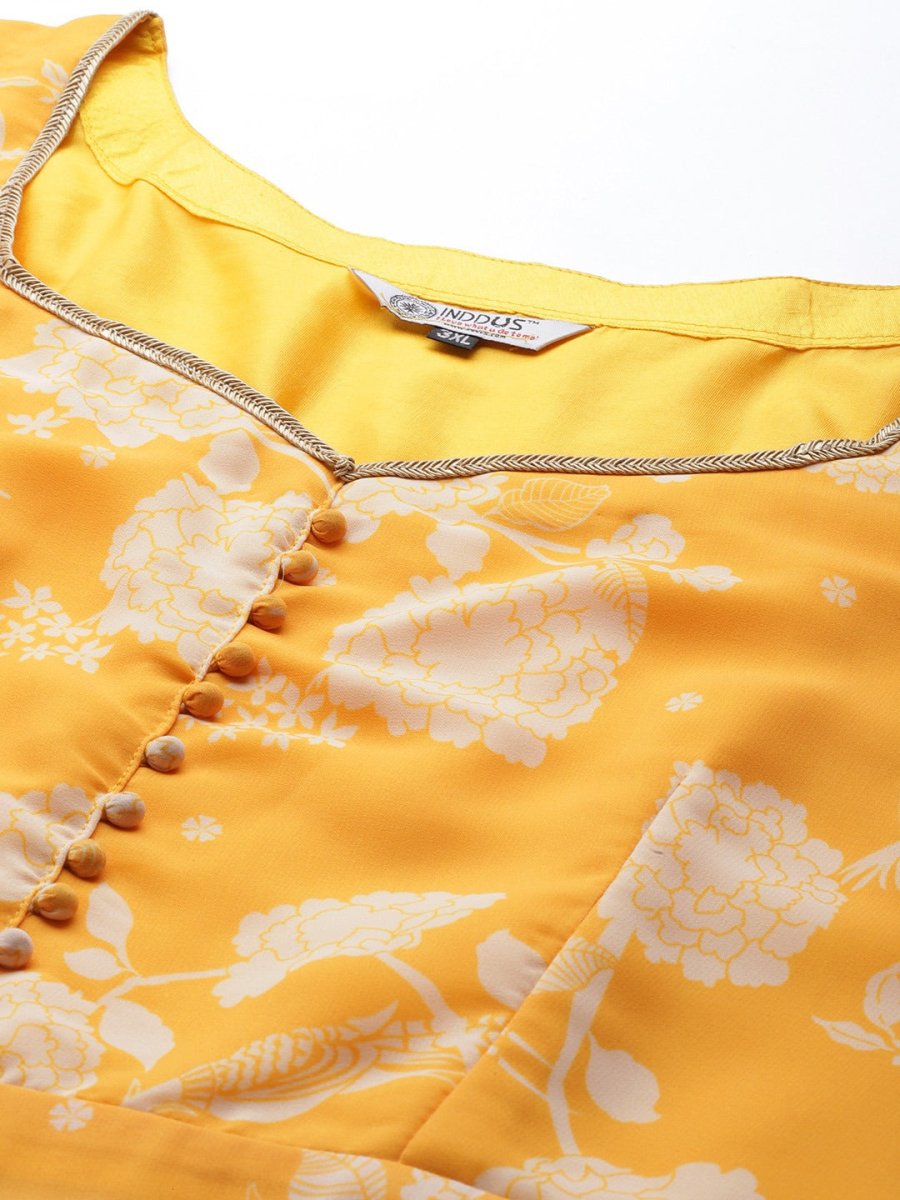 Women Yellow & Off-White Floral Printed Front Slit Detail Kurta with Palazzos - Inddus.com
