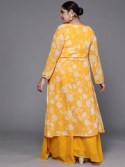 Women Yellow & Off-White Floral Printed Front Slit Detail Kurta with Palazzos - Inddus.com