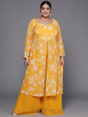 Women Yellow & Off-White Floral Printed Front Slit Detail Kurta with Palazzos - Inddus.com