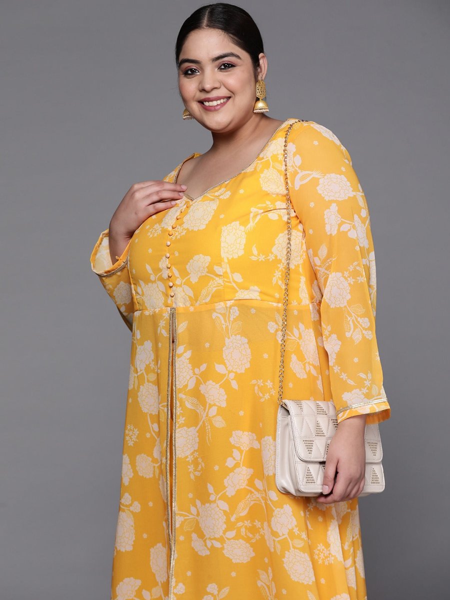 Women Yellow & Off-White Floral Printed Front Slit Detail Kurta with Palazzos - Inddus.com