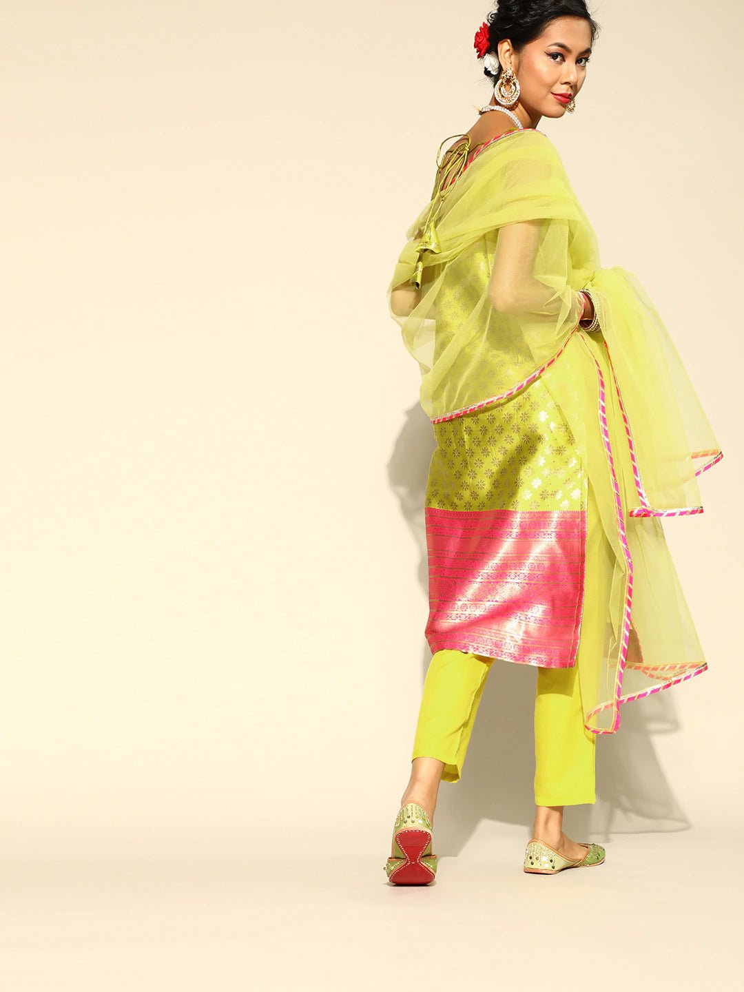 Women Yellow & Pink Silk Blend Ethnic Motifs Woven Kurta with Trousers & Dupatta - Inddus.com