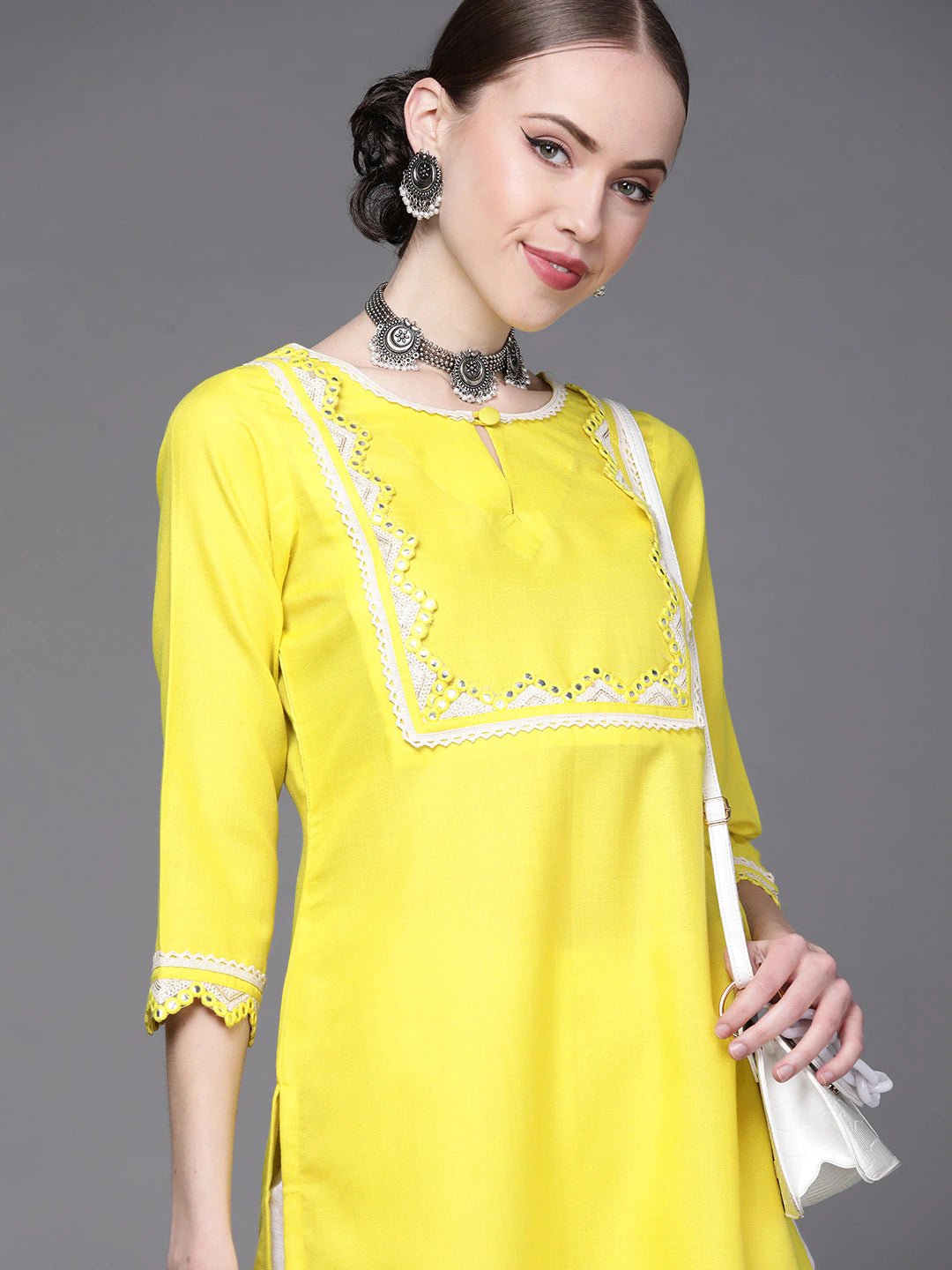 Women Yellow Yoke Design Keyhole Neck Kurta - Inddus.com