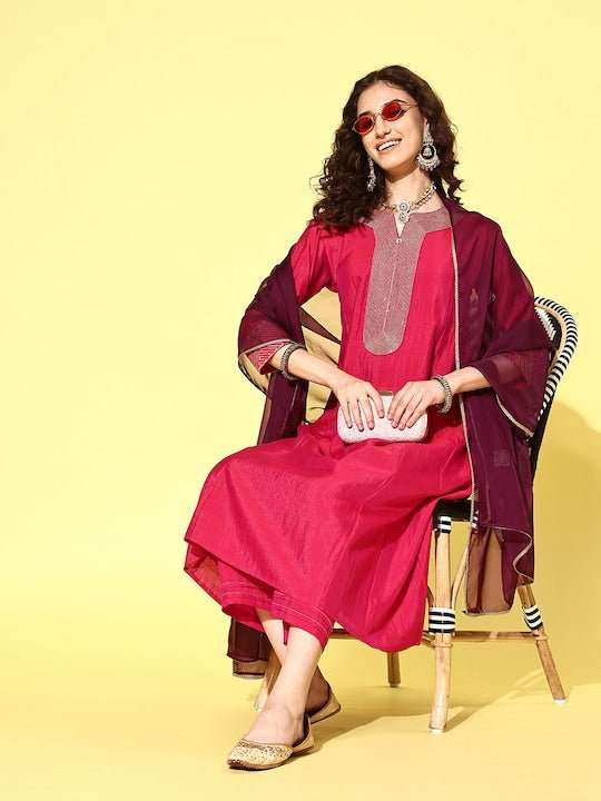 Women Yoke Design Regular Kurta with Trousers & With Dupatta - Inddus.com